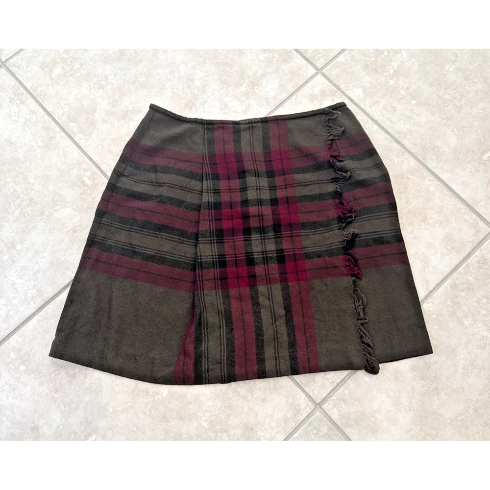 Banana Republic Women 14 Wool Plaid Fringed Wrap Mini Skirt Olive Green Burgundy